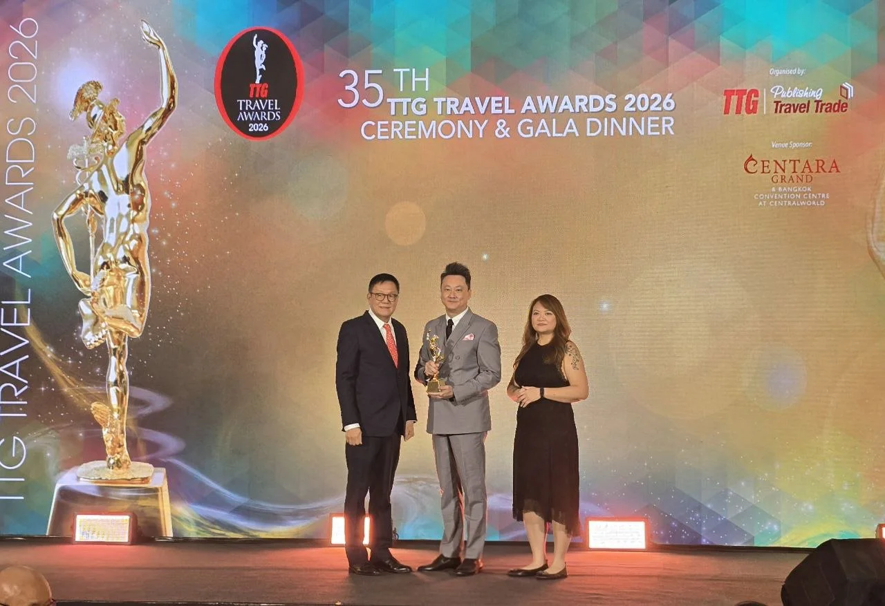 The Prestige Hotel Penang team on stage with the Best Hotel in Penang award at the 35th Annual TTG Travel Awards in Bangkok