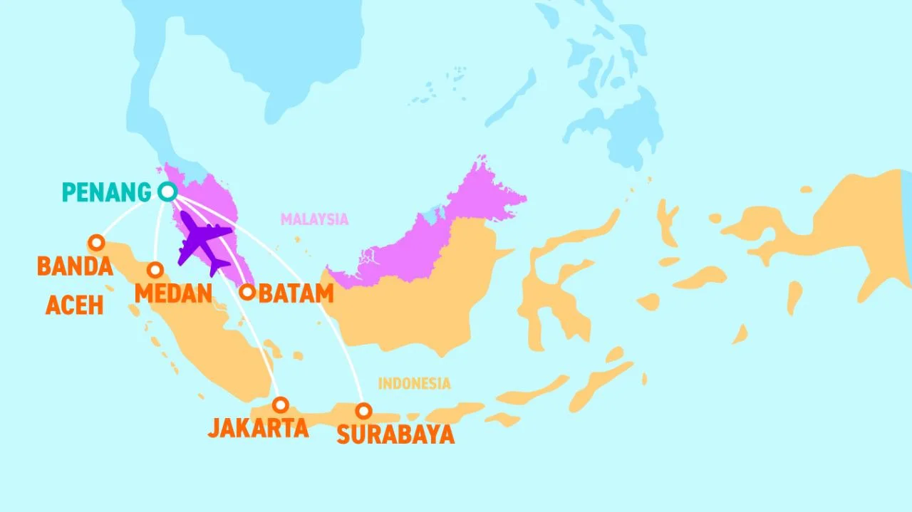 Route map of Penang's direct air links to Indonesian cities